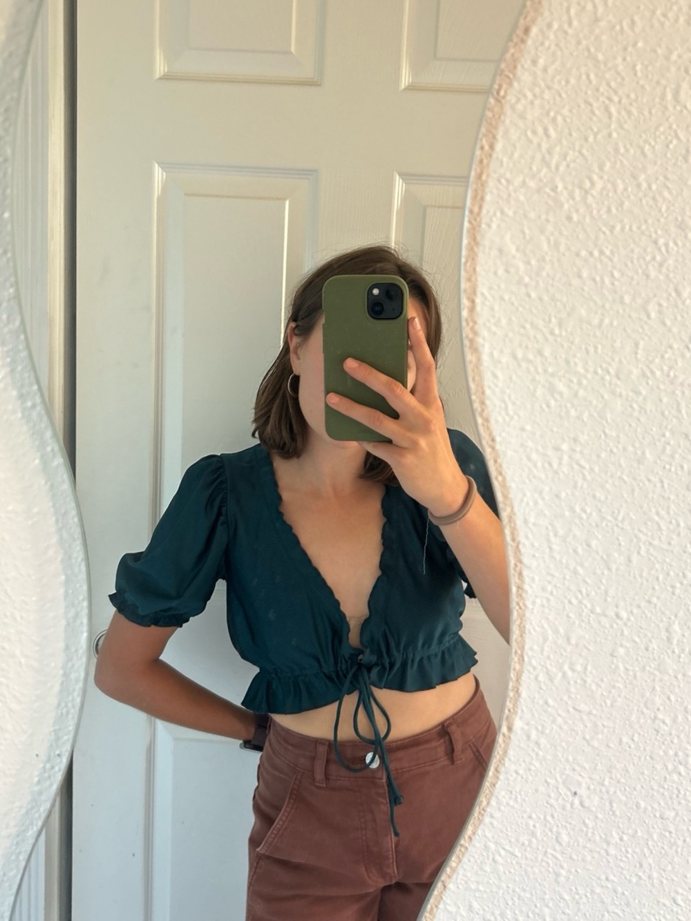 Urban Outfitters Teal Tie-Front Puff Sleeve Crop Top
